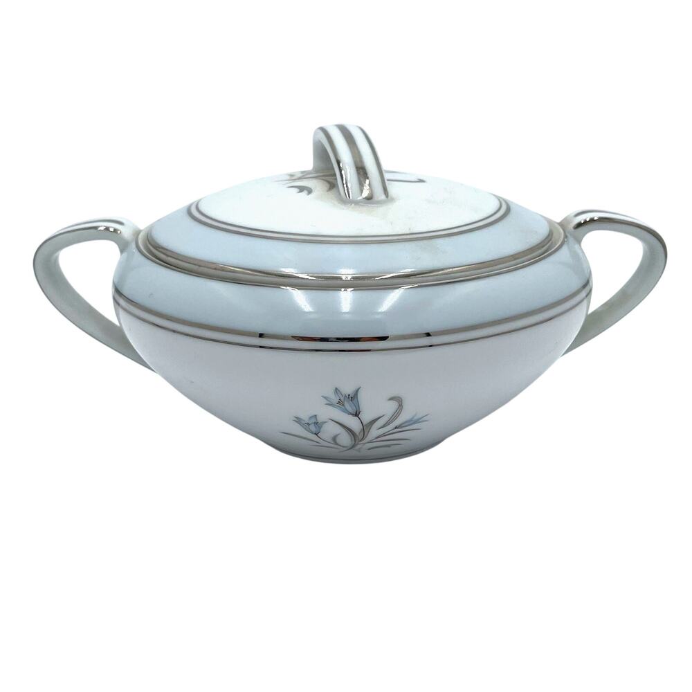 Noritake 5558 Bluebell Round Sugar Bowl Lid & Handles White Blue Silver Japan